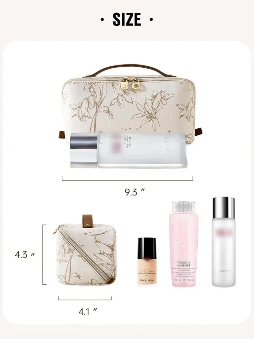 Floral Travel Makeup Bag for Women - Medium Cosmetic Organizer in Beige